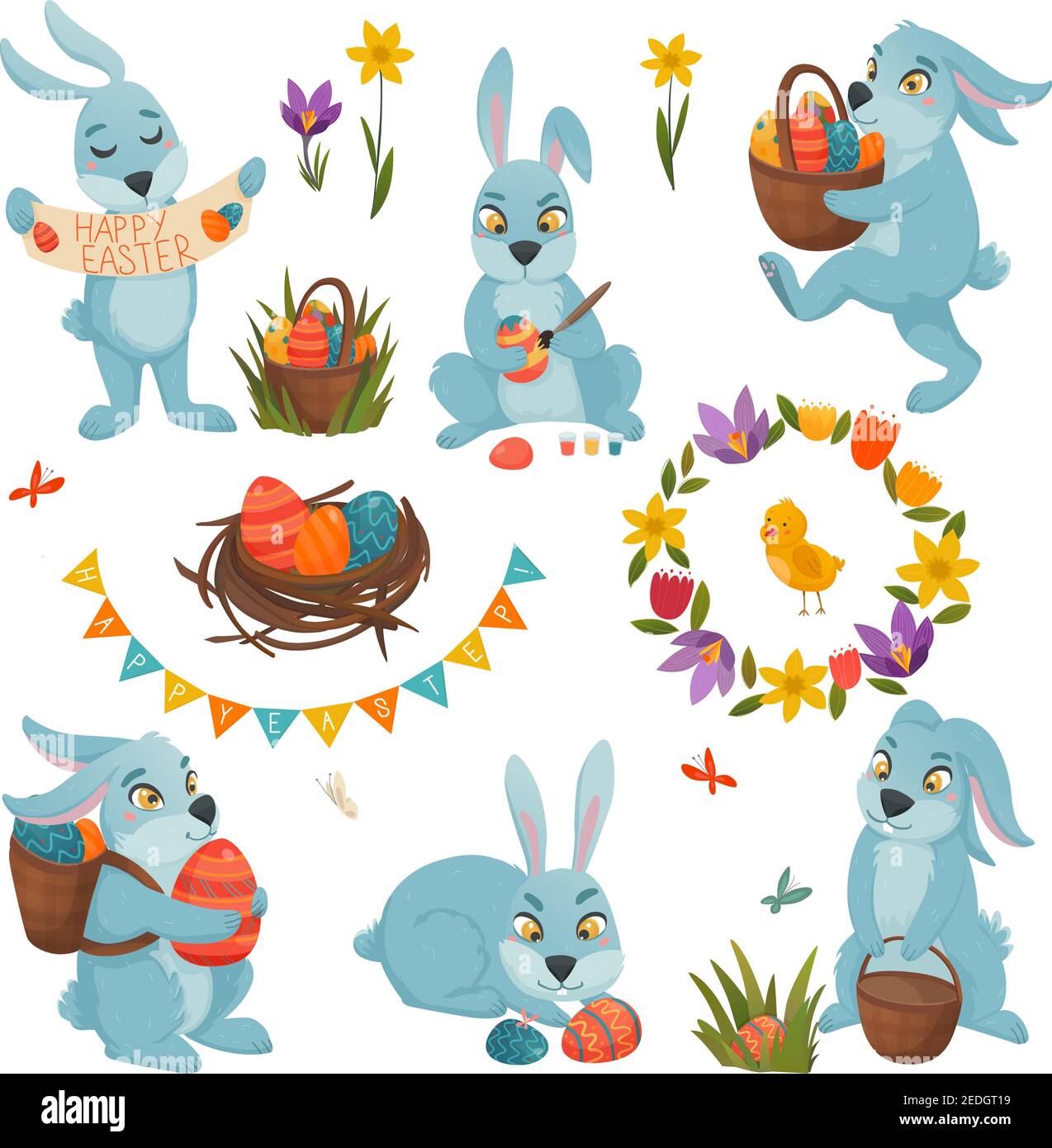 Pasqua grande insieme di cartoni animati isolati bunny personaggi con pasqua uova nido di pollo e fiori immagini vettoriali illustrazione Illustrazione Vettoriale