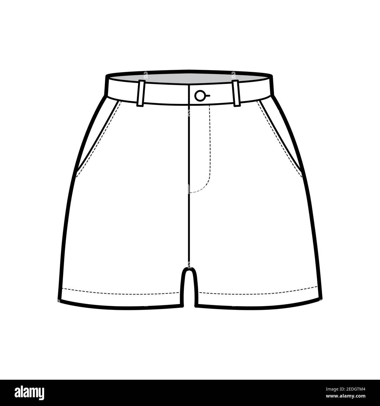 Pantaloni corti illustrazione tecnica di moda con lunghezza media coscia,  vita normale, altezza elevata, tasca con taglio. Modello di abbigliamento a  fondo piatto, colore bianco. Donne, uomini, unisex CAD mockup Immagine e