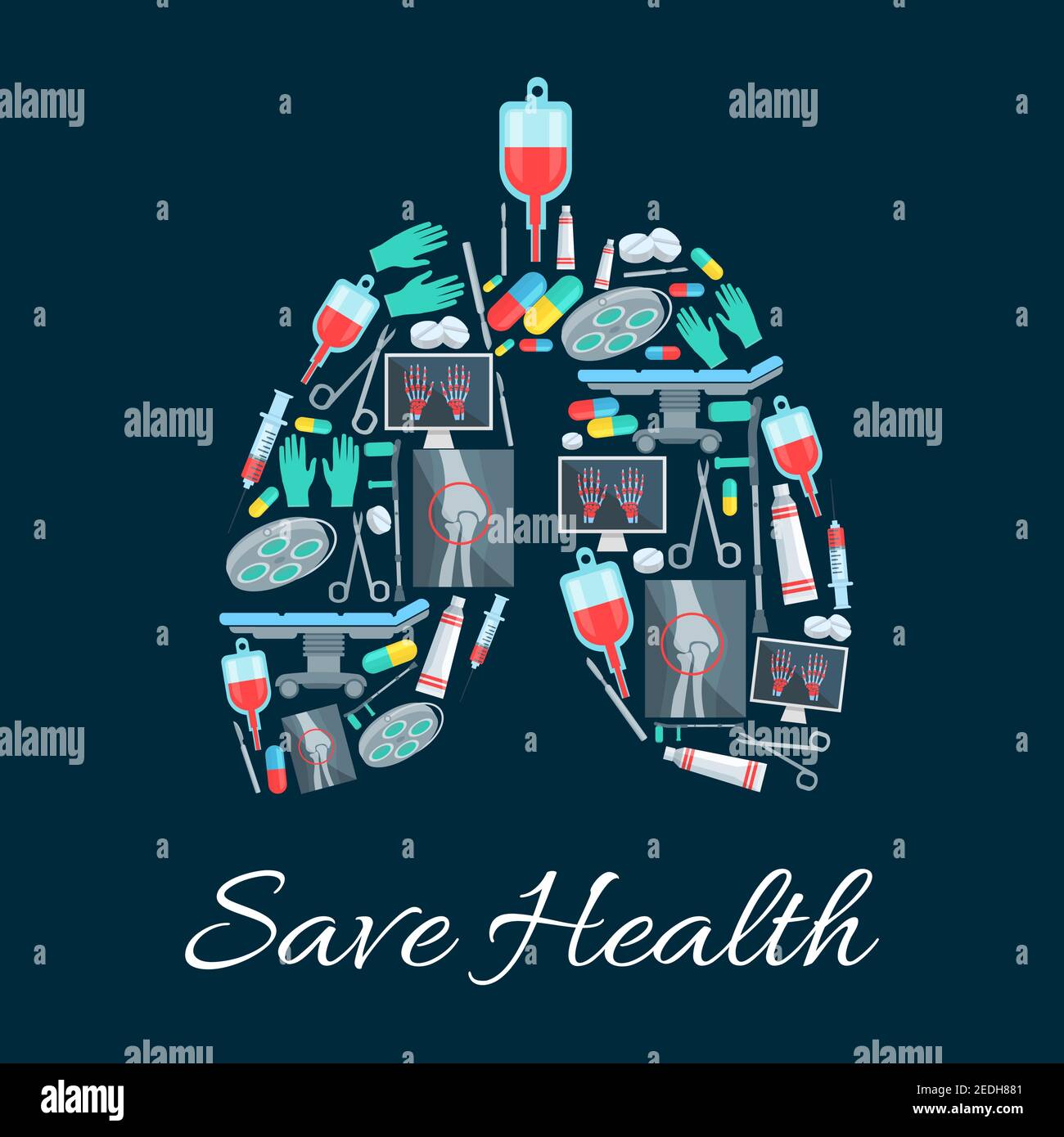 Poster della medicina a forma di organo polmone umano progettato di strumenti medici, pillole e oggetti. Salvare vettore sanitario chirurgo scalpel e scis Illustrazione Vettoriale