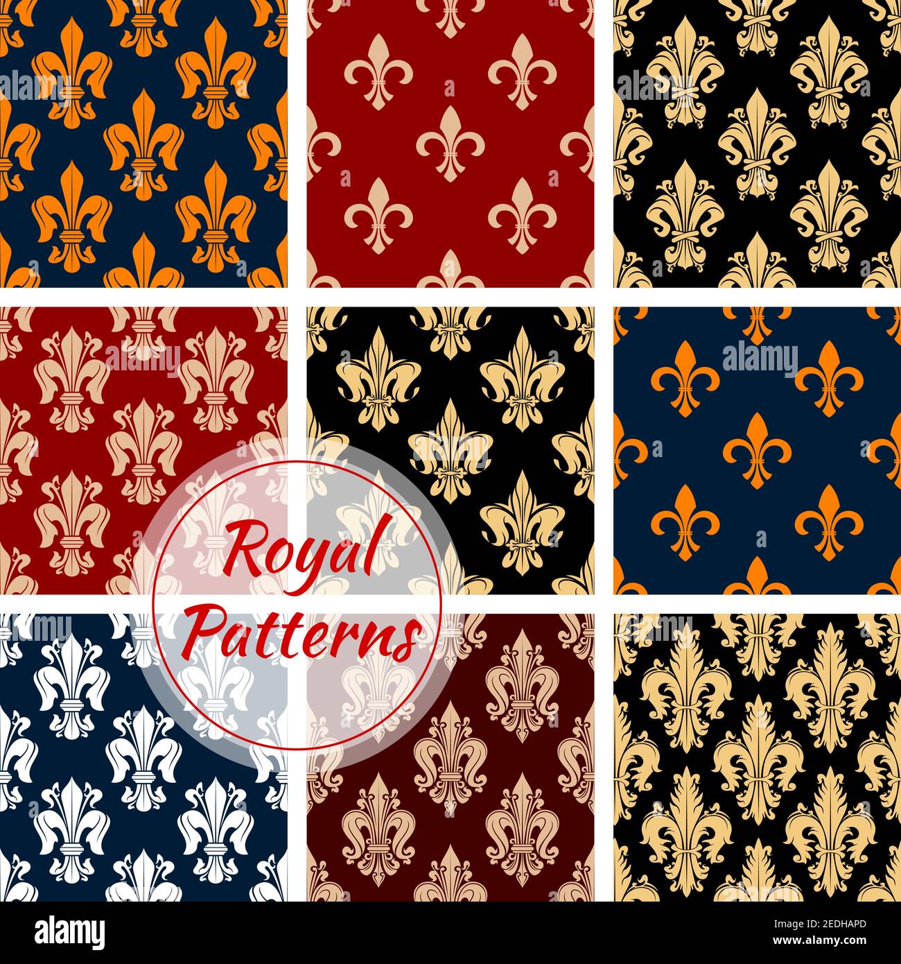 Fleur-de-lis floreale regale ornamento motivi set. Vector fiorisce piastrelle senza giunture di fiori ornati barocchi traccianti. Abbellimento araldico francese del giglio m Illustrazione Vettoriale