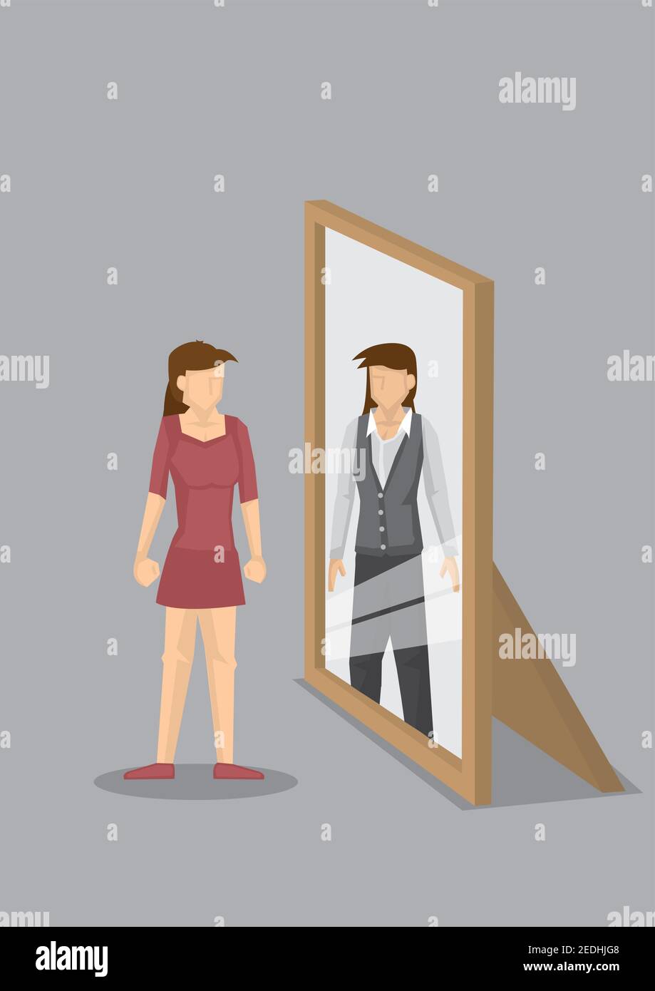 Donna che si trova di fronte allo specchio e si vede come professionista in riflessione. Illustrazione vettoriale cartoon creativa su auto-percezione c Illustrazione Vettoriale