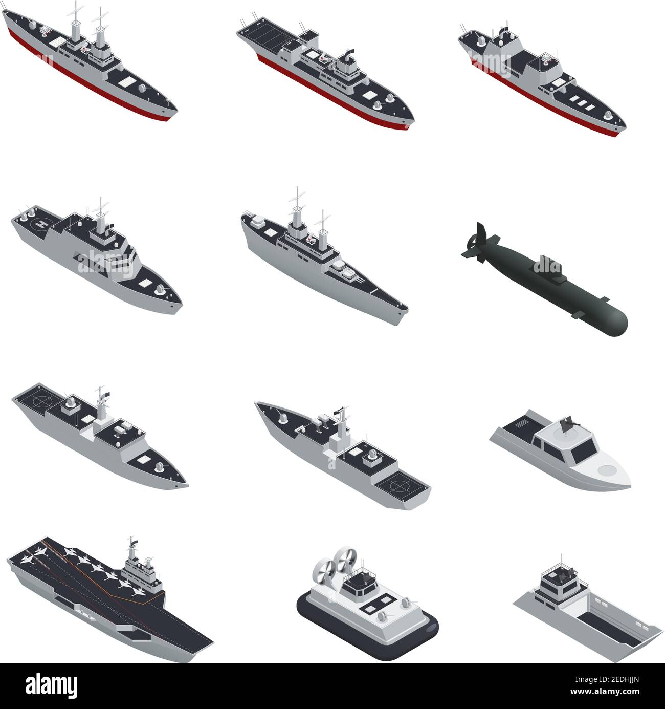 Barche militari di colore scuro isometriche isolate icone per diversi tipi di truppe illustrazione vettoriale Illustrazione Vettoriale