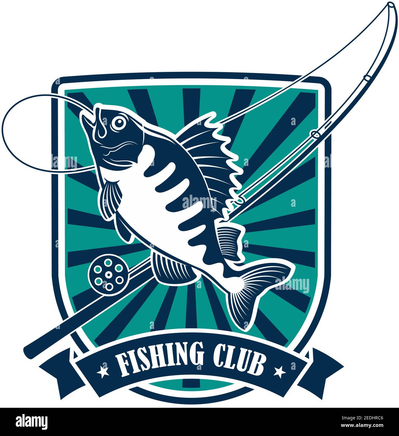Icona pesca. Simbolo rotondo o emblema del club di avventura sportiva Fisherman o fisher con simboli vettoriali di canna da pesca con gancio e galleggiante, perch fluviale, ruff Illustrazione Vettoriale