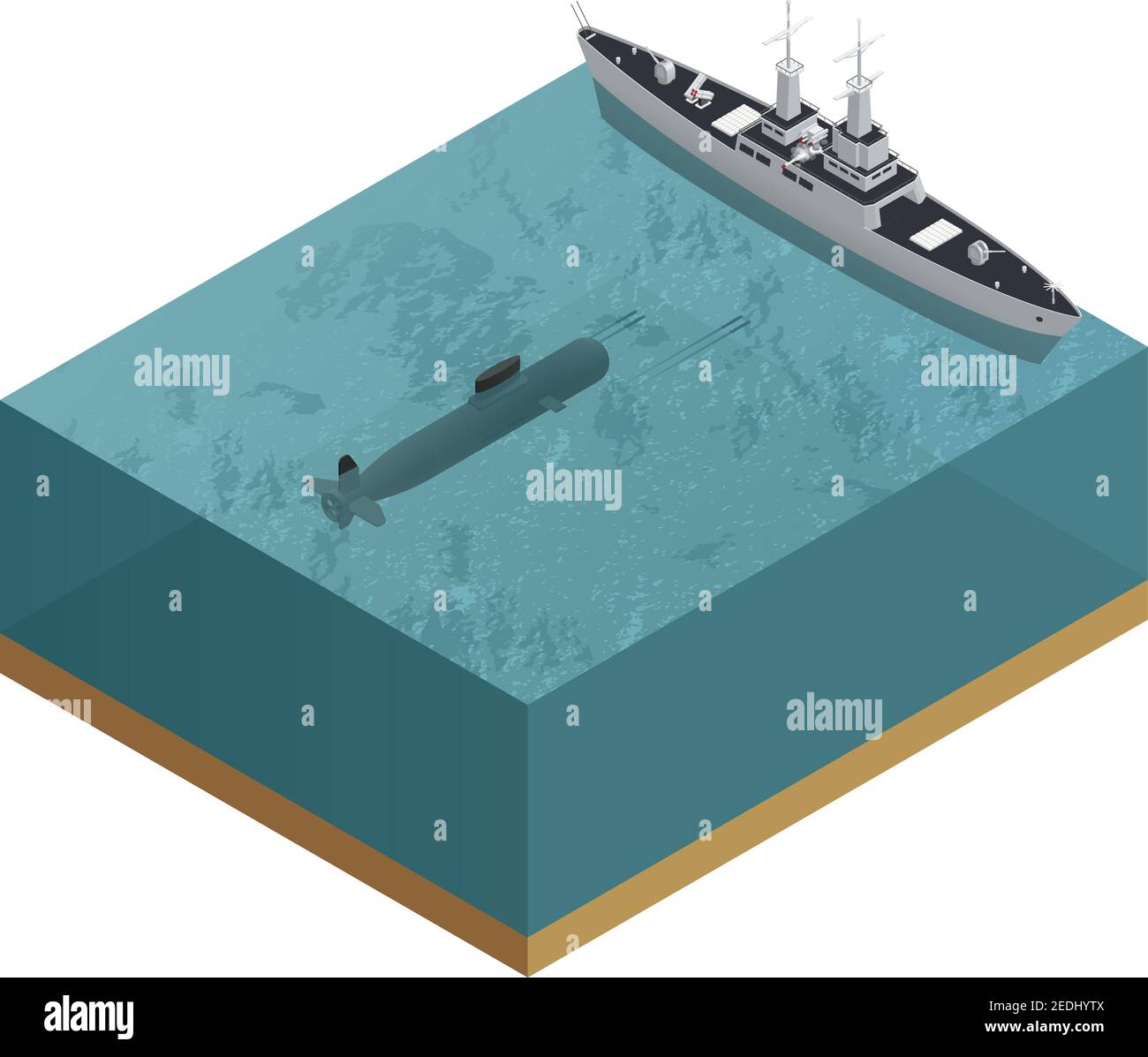 Composizione di imbarcazioni militari 3d isometriche con taglio di mare con un sommergibile e un'illustrazione vettoriale della barca Illustrazione Vettoriale