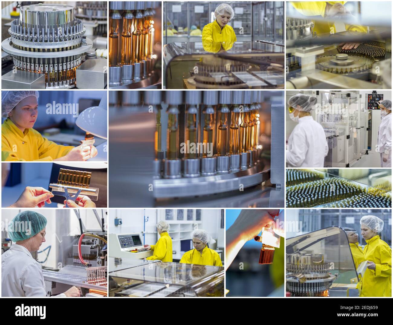 Produzione farmaceutica e Medicina - lavoratori farmaceutici - Collage Foto. Produzione farmaceutica di medicinali in ampolle. Foto Stock
