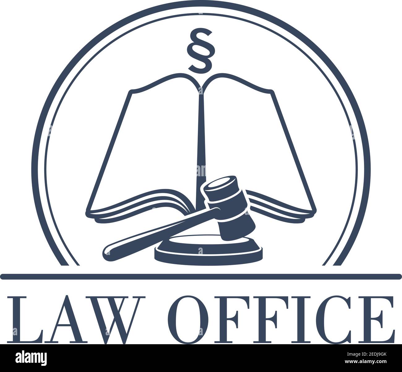 Ufficio legale o icona centrale con simbolo di gavel giudice, codice di legge, segno di sezione di silcrow o paragrafo su libro aperto. Avvocato o fregio fregio Illustrazione Vettoriale