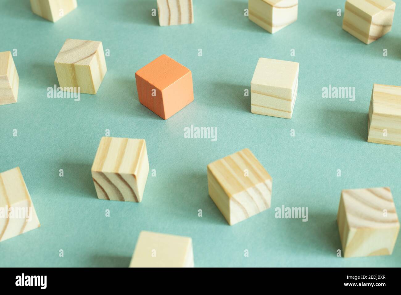 Gruppo di blocchi di legno e un blocco di colore diverso su sfondo verde. Opinione, direzione, idea, concetto di innovazione diversi Foto Stock