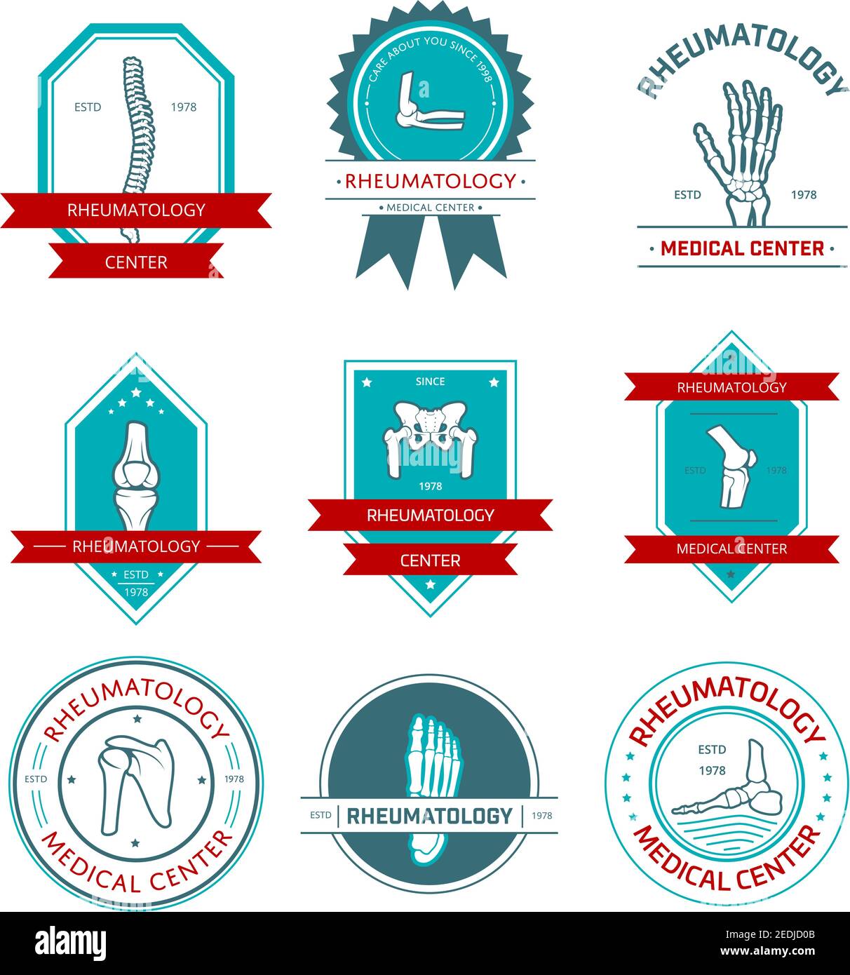 Set badge per centri medici di reumatologia e ortopedia. Gamba, mano, piede, colonna vertebrale, ginocchio, gomito, bacino, osso della spalla e articolazione, incorniciati da un timbro di tenuta e. Illustrazione Vettoriale
