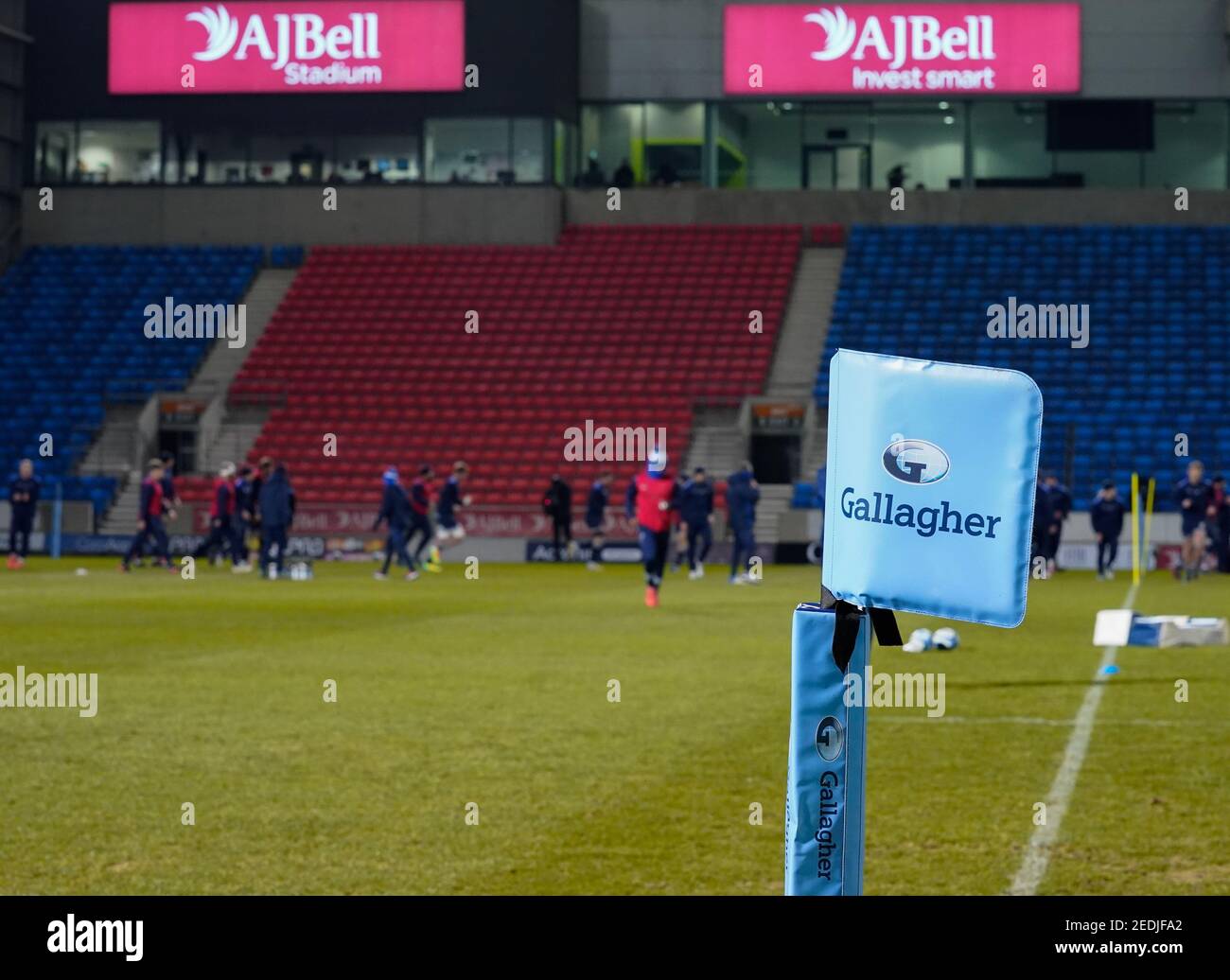 Vista generale dell'AJ Bell Stadium durante una partita di rugby Union del Gallagher Premiership Round 9, venerdì 12 febbraio 2021, a Leicester, Regno Unito. Foto Stock