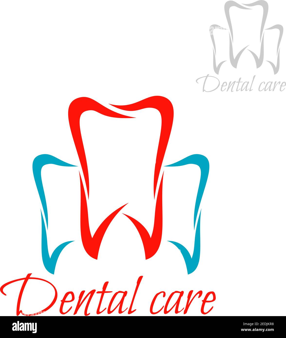 Emblema dell'odontoiatria e icona del dente. Simboli dei denti isolati vettoriali per dentisti o stomatologia clinica di chirurgia dentale. Segno blu rosso del dente sano A. Illustrazione Vettoriale