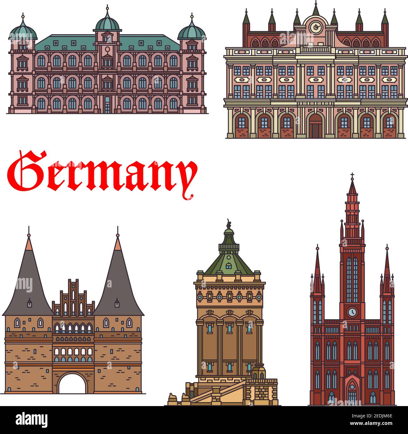 Set icone linea sottile per le attrazioni turistiche tedesche. Castello Gottesaue, Municipio, porta Holsten, hotel in torre d'acqua Wasserturm e lutheran chiesa Marktkirche f Illustrazione Vettoriale