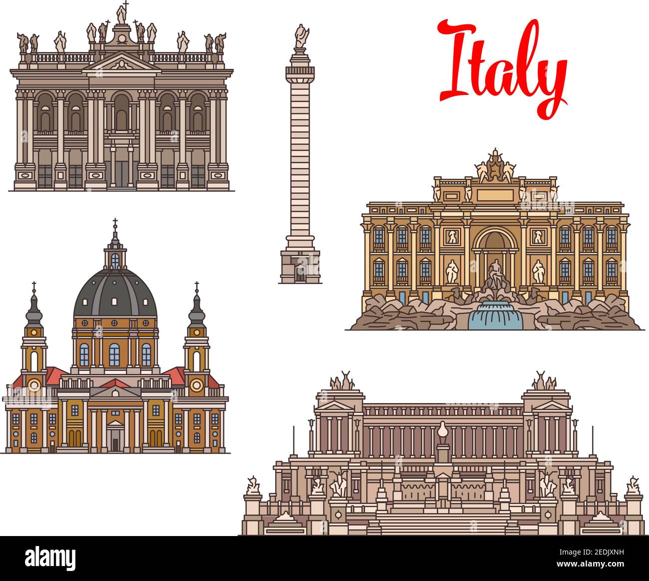 Viaggio italiano monumenti storici dell'architettura romana. Arcibasilica di Sant Giovanni in Laterano, Fontana di Trevi, il monumento altare della Patria, la chiesa Gran Madre di Illustrazione Vettoriale