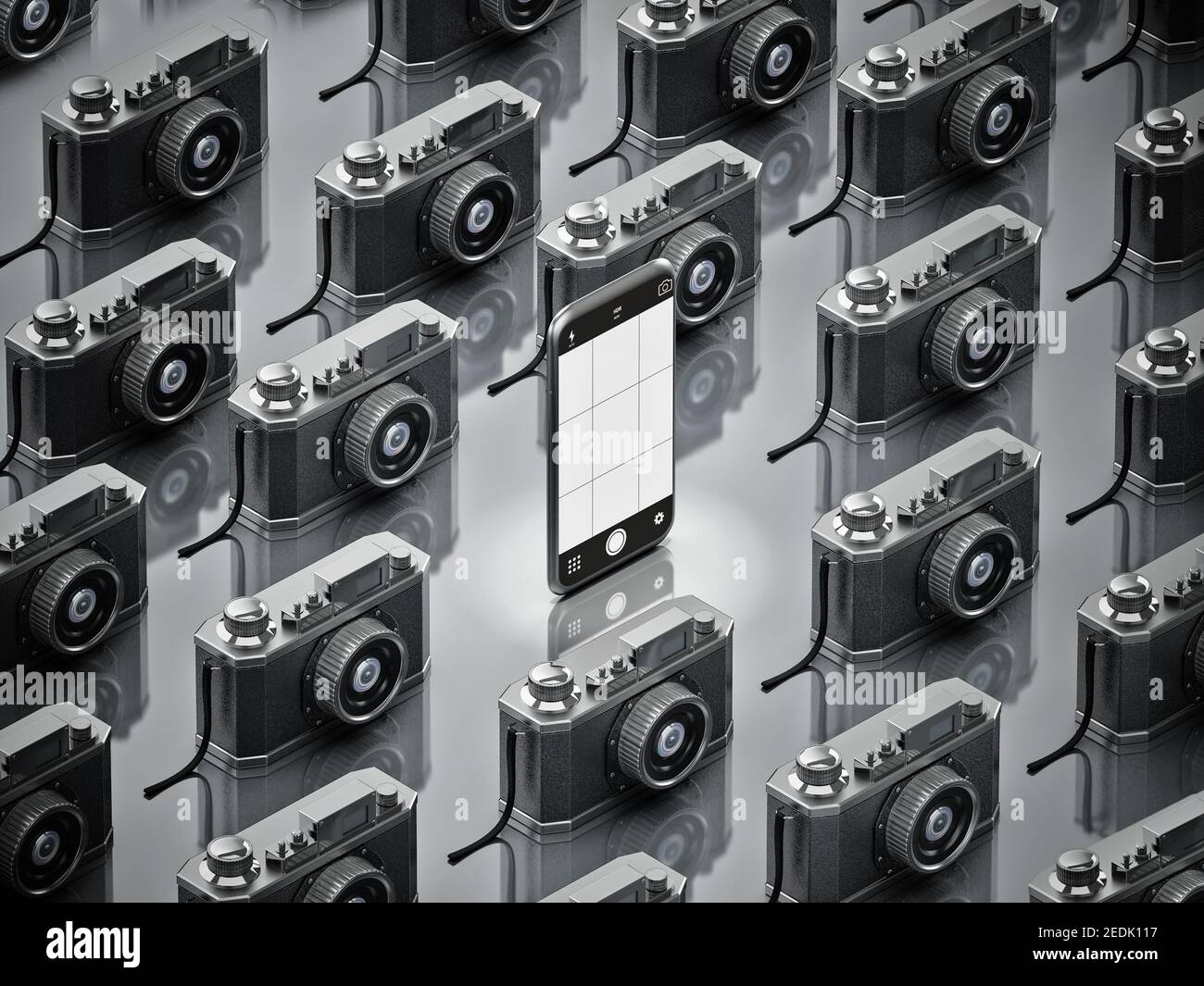 Lo smartphone si distingue tra le fotocamere reflex analogiche d'epoca. Illustrazione 3D. Foto Stock