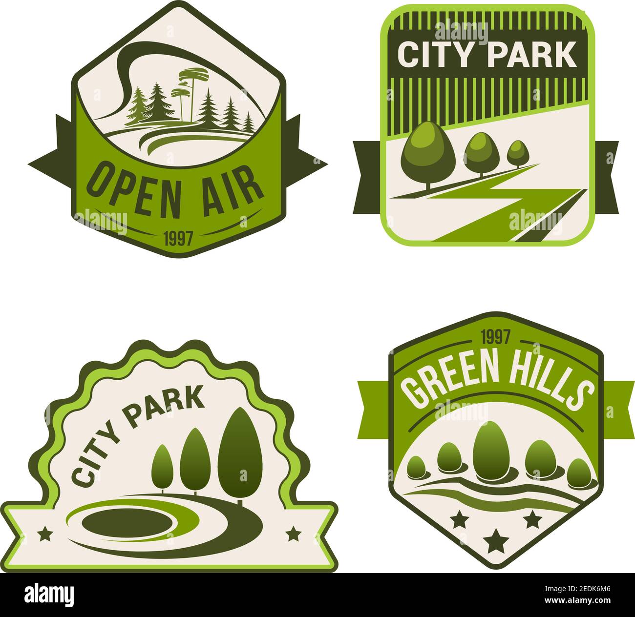 Città o parco urbano all'aperto o verde foresta vettore icone insieme di alberi verdi e piante all'aperto per orticoltura progettazione del paesaggio, ambiente ecologico Illustrazione Vettoriale