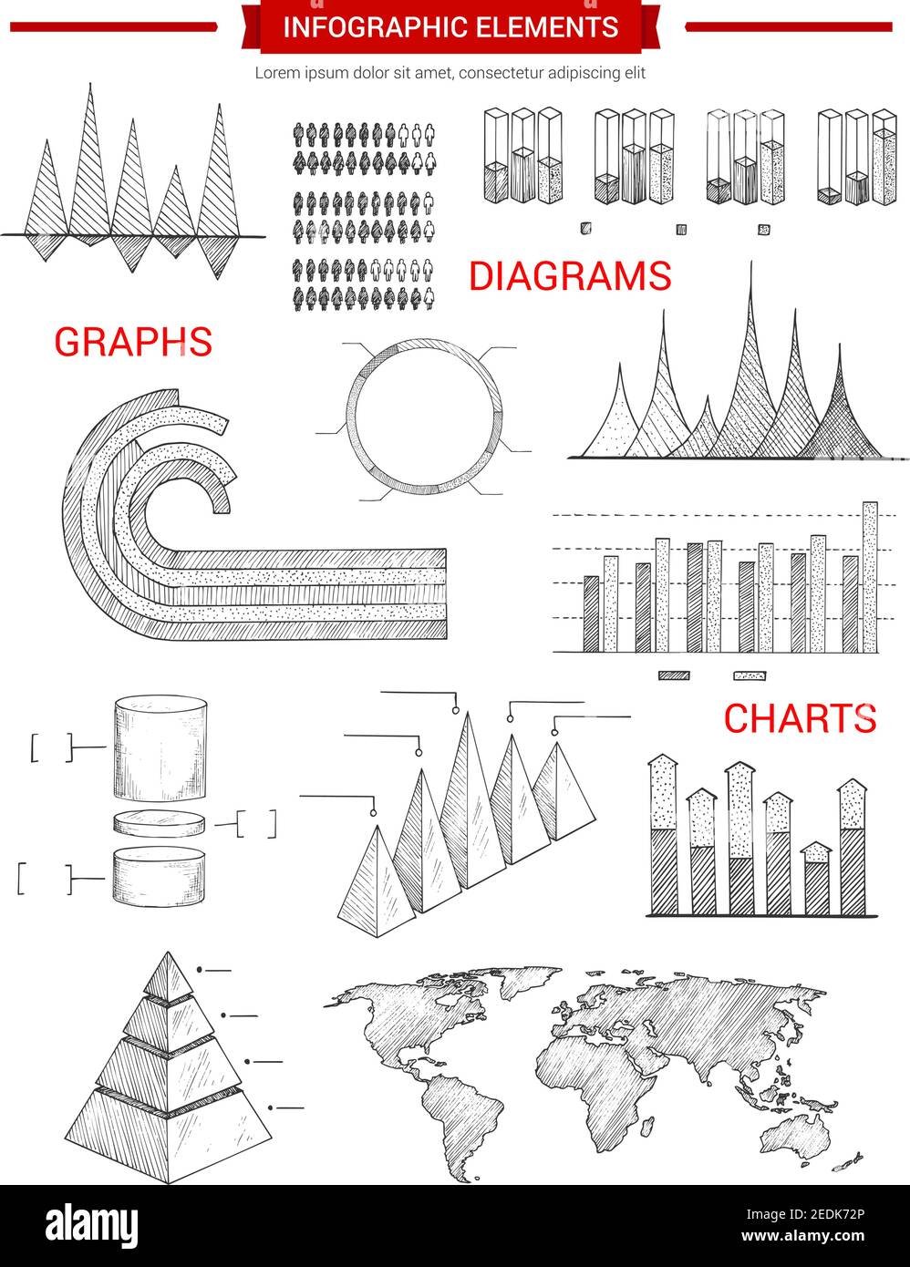 Elementi di schizzo infografici o grafici vettoriali e icone insieme di grafici aziendali, diagrammi piramidali, mappe statistiche demografiche del mondo, dinn di crescita Illustrazione Vettoriale