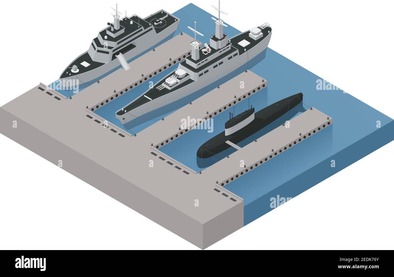 Barche militari colorate composizione isometrica 3d con navi ormeggiate nelle vicinanze l'illustrazione del vettore shore Illustrazione Vettoriale