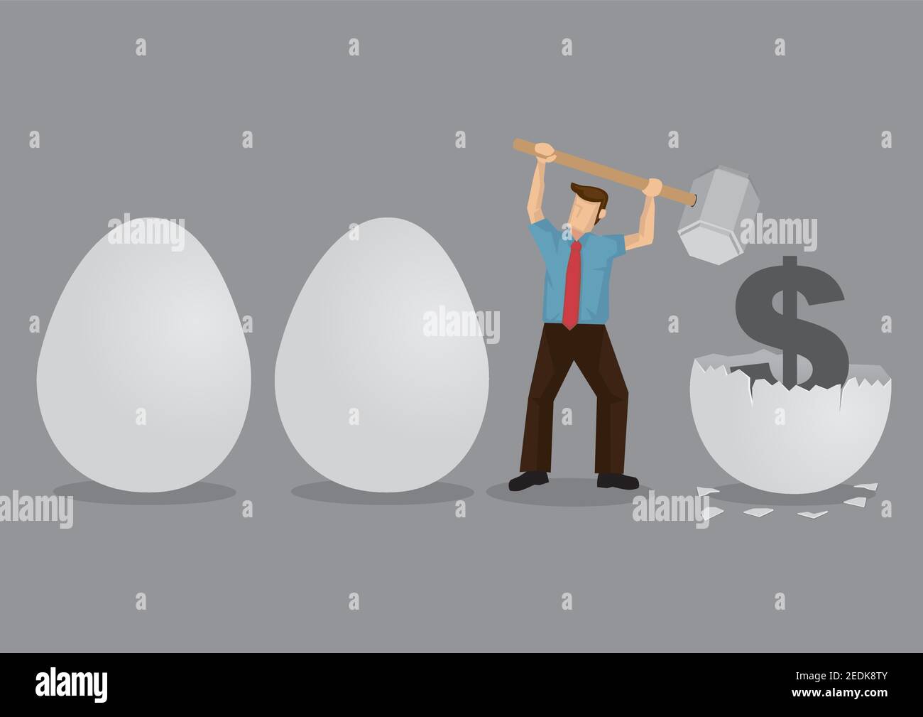 Cartoon Man usa un martello per rompere le uova per rivelare un simbolo di denaro all'interno. Illustrazione vettoriale creativa sulla metafora per rompere le uova del nido. Illustrazione Vettoriale