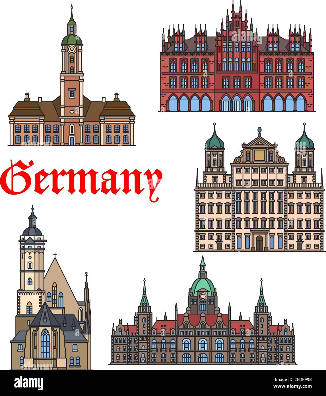 Set di icone linea sottile per il punto di riferimento del viaggio tedesco. Chiesa Thomaskirche, Augusta Municipio, Abbazia Chiesa Birnau, nuovo Municipio e Vecchio Municipio di Hannover. T Illustrazione Vettoriale