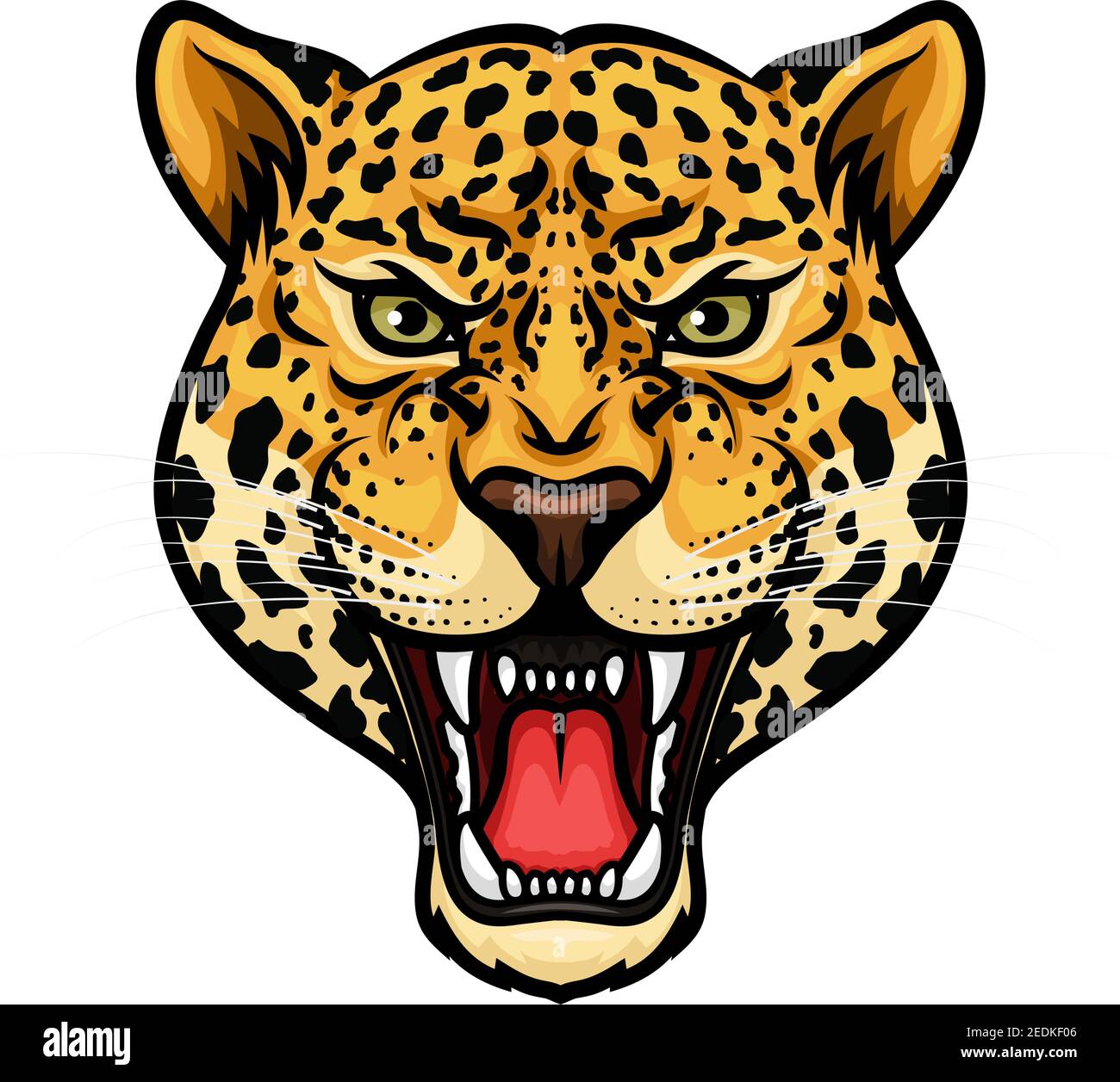 Jaguar testa mascotte isolato cartoon. leopardo arrabbiato o pantera che ruggisce con denti asperati e riflessi aggressivi. Wild Big Cat per la stampa t-shirt, tatuaggio de Illustrazione Vettoriale