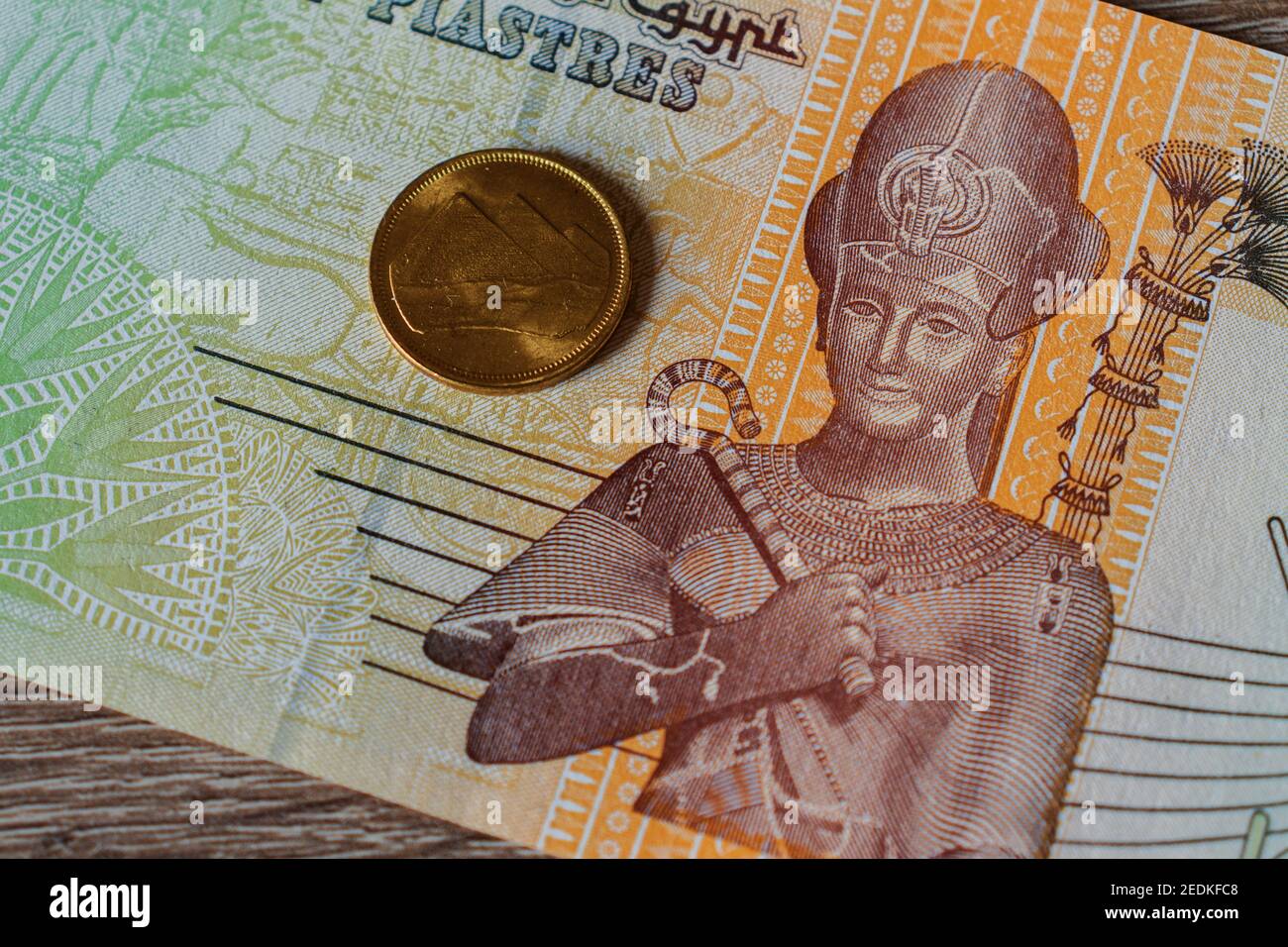 Primo piano della valuta egiziana (banconota da 50 piastres) e 5 qirsh moneta Foto Stock