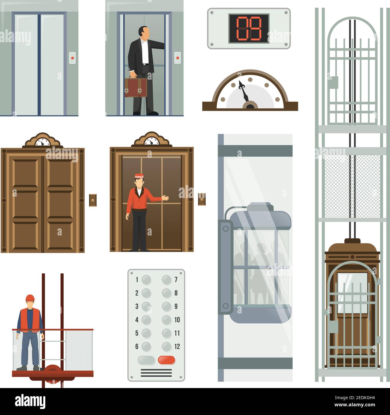 L'icona dell'ascensore isolata e colorata consente di impostare diversi tipi di ascensori all'interno l'illustrazione vettoriale dell'edificio Illustrazione Vettoriale