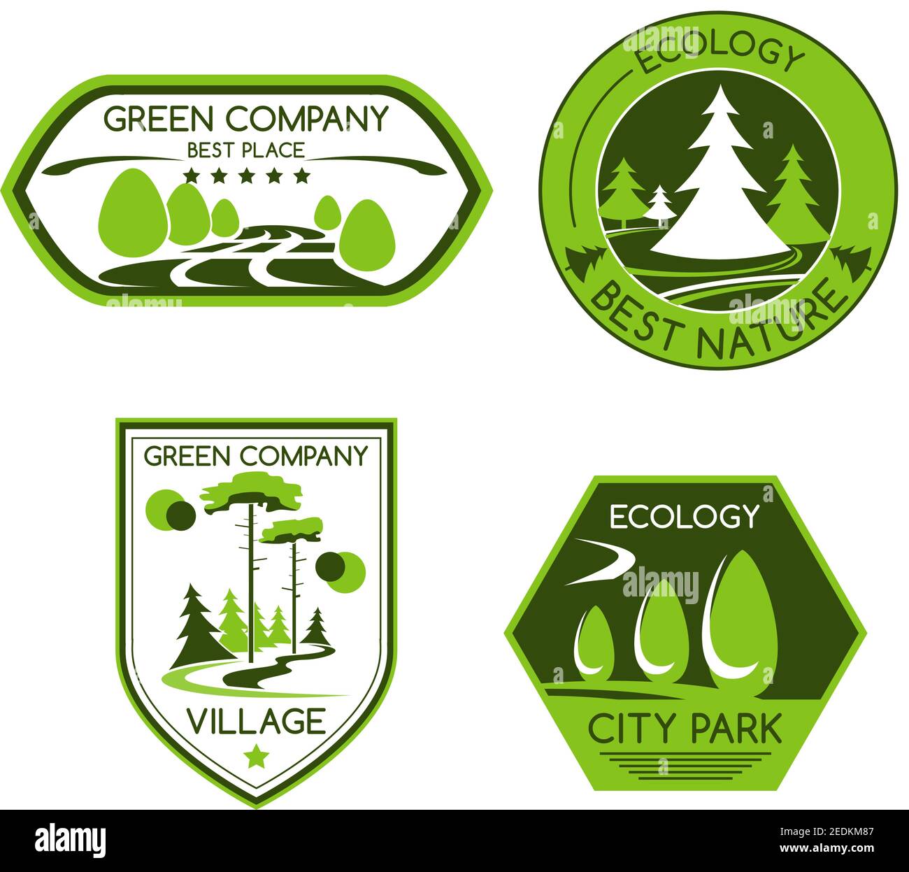 Green azienda vettore icone insieme di parchi urbani all'aperto o eco villaggio o boschi alberi e piante per l'orticoltura progettazione del paesaggio, ambiente ecologico Illustrazione Vettoriale