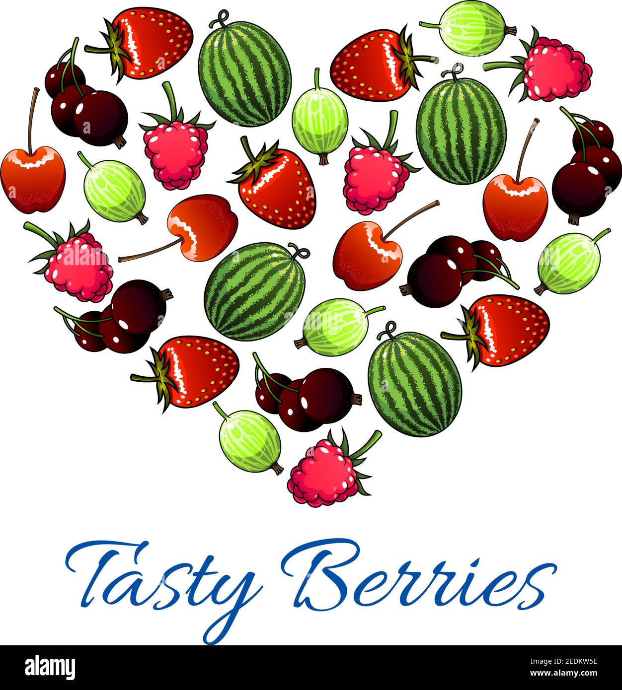 Poster di frutti di bosco e frutta a forma di cuore. Vettore fresco giardino fragola, ciliegia, lampone foresta, ribes nero o ribes, uva spina succosa e. Illustrazione Vettoriale