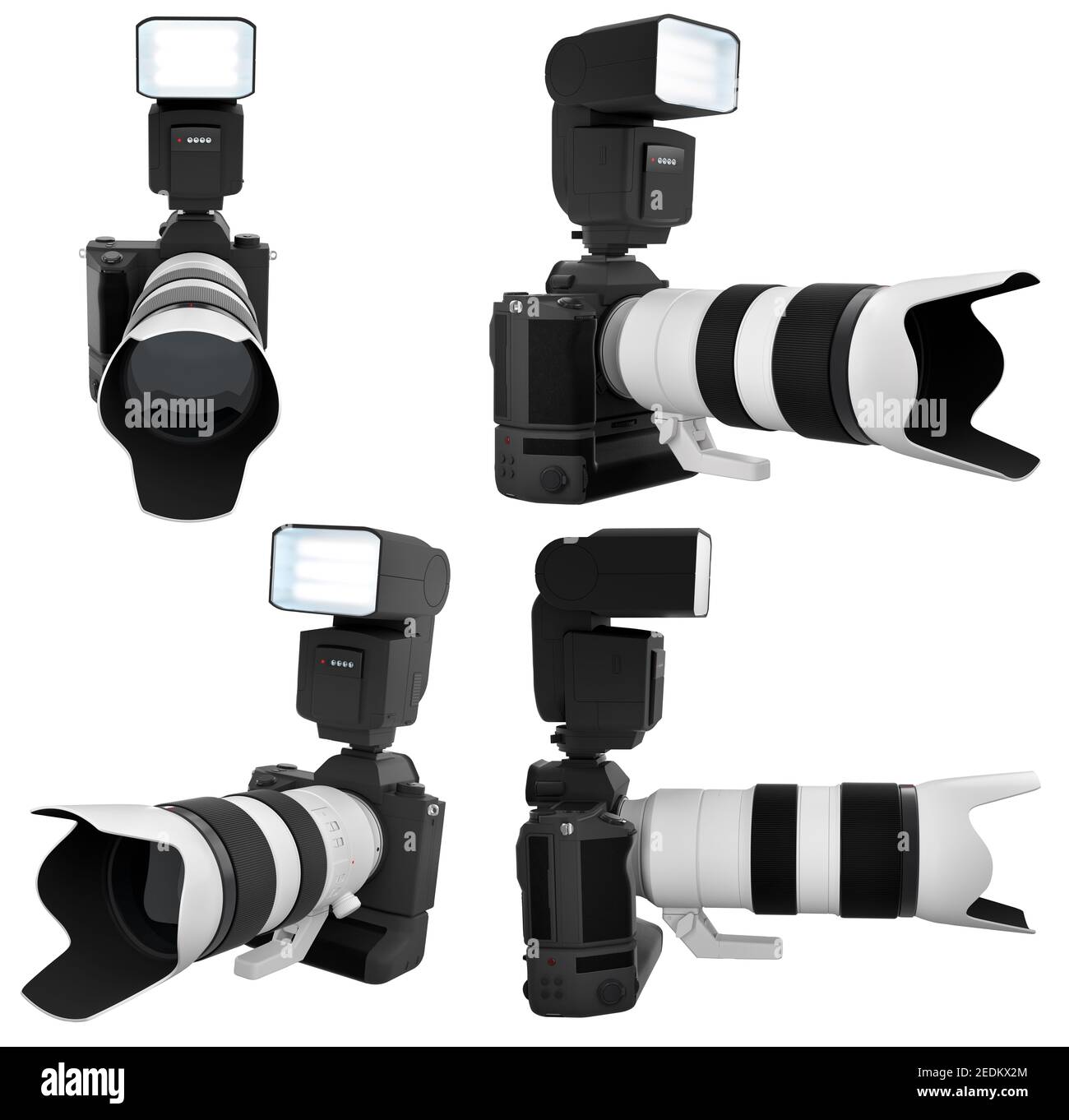 Concetto di fotocamera reflex digitale inesistente con obiettivo isolato su sfondo bianco. Foto Stock