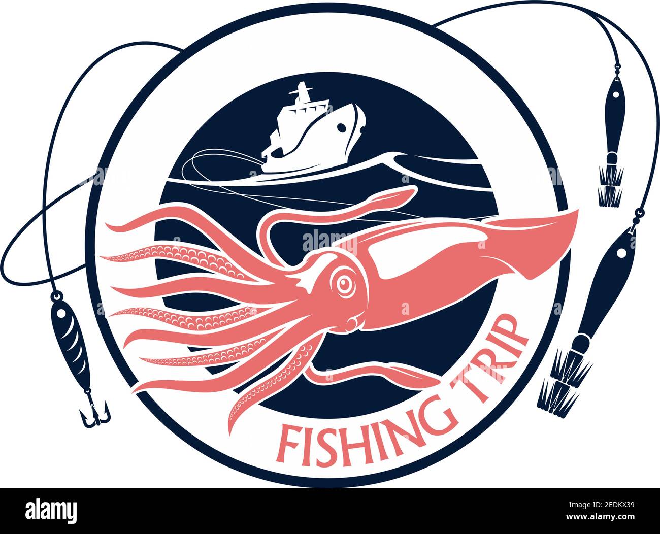 Simbolo di pesca di pesce o icona vettoriale con calamari. Emblema rotondo per l'industria della pesca o il club di avventura dei pescatori con simbolo di seppie, pesci Illustrazione Vettoriale