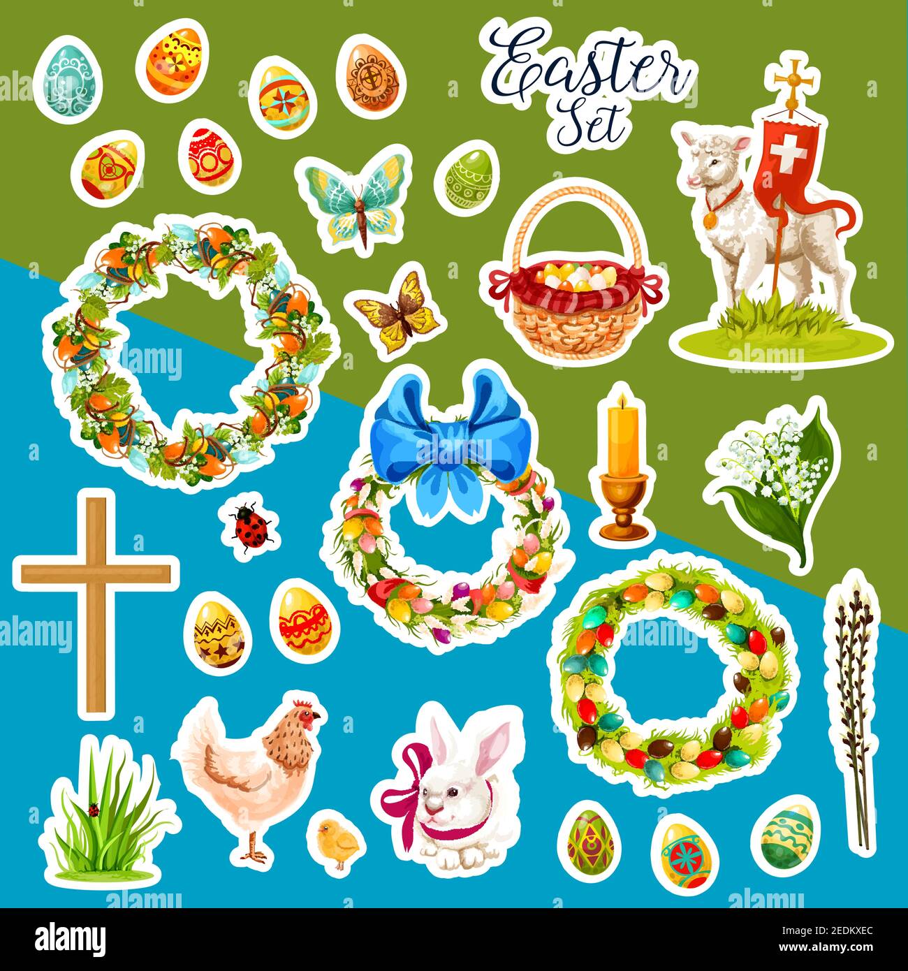 Set di adesivi per le vacanze di Pasqua. Uovo di Pasqua, coniglio coniglietto, pollo, pulcino, agnello di Dio, cesto con uovo, corona di Pasqua con uovo, fiore di giglio di primavera e wil Illustrazione Vettoriale