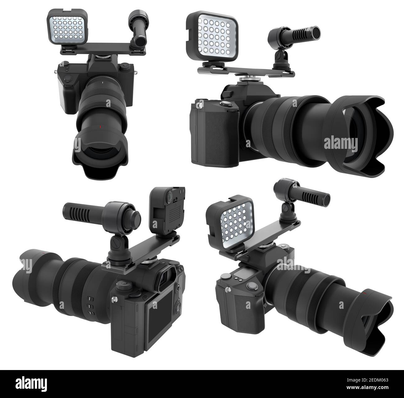 Fotocamera DSLR inesistente con obiettivo, speedlight esterna e microfono bianco. Foto Stock