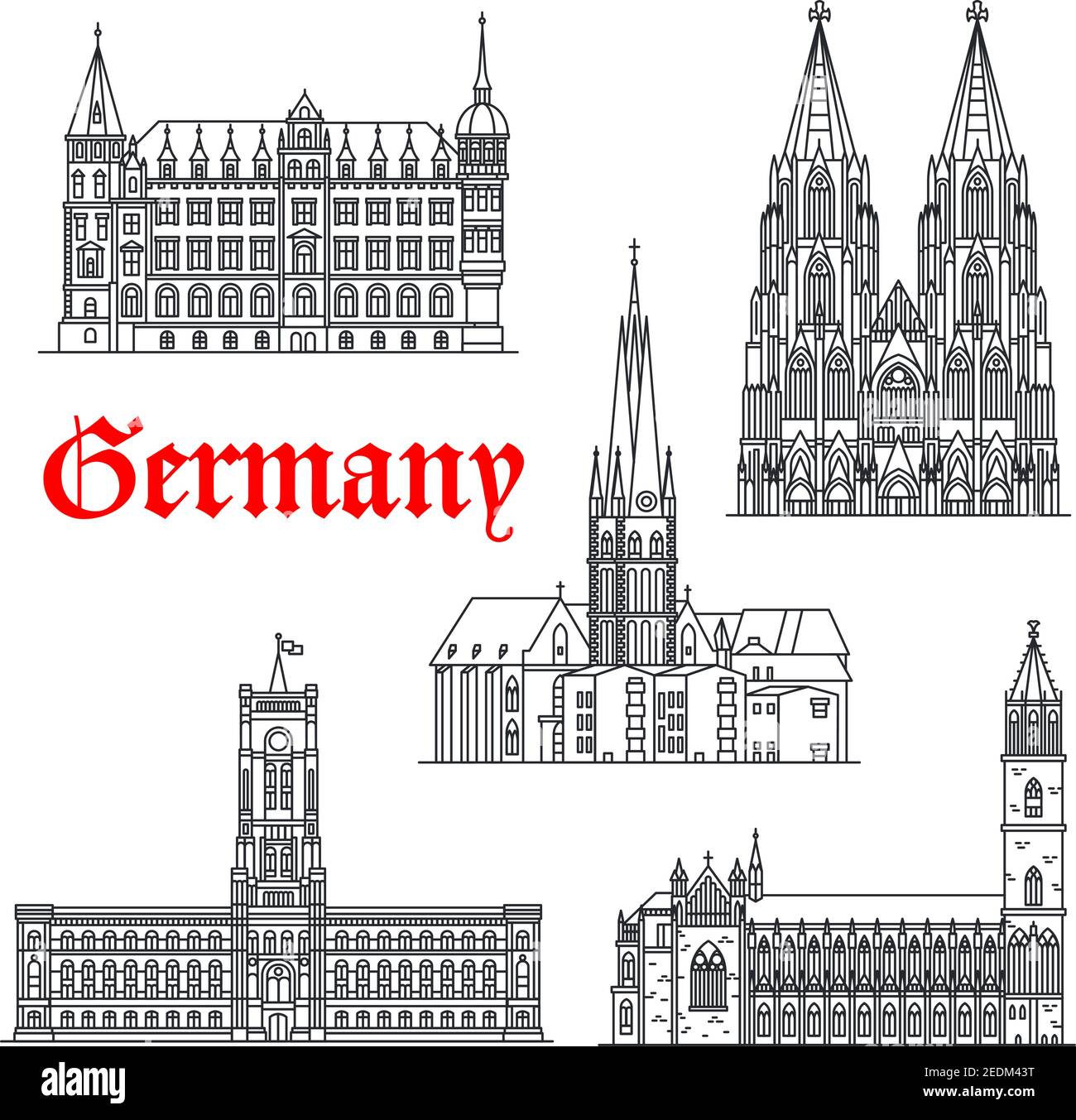 Monumenti storici tedeschi e simboli turistici del vettore Magdeburgo e Cattedrale di Colonia o Koln Dom, Chiesa o basilica di Lambertus, municipio, Rotes Rathaus Illustrazione Vettoriale