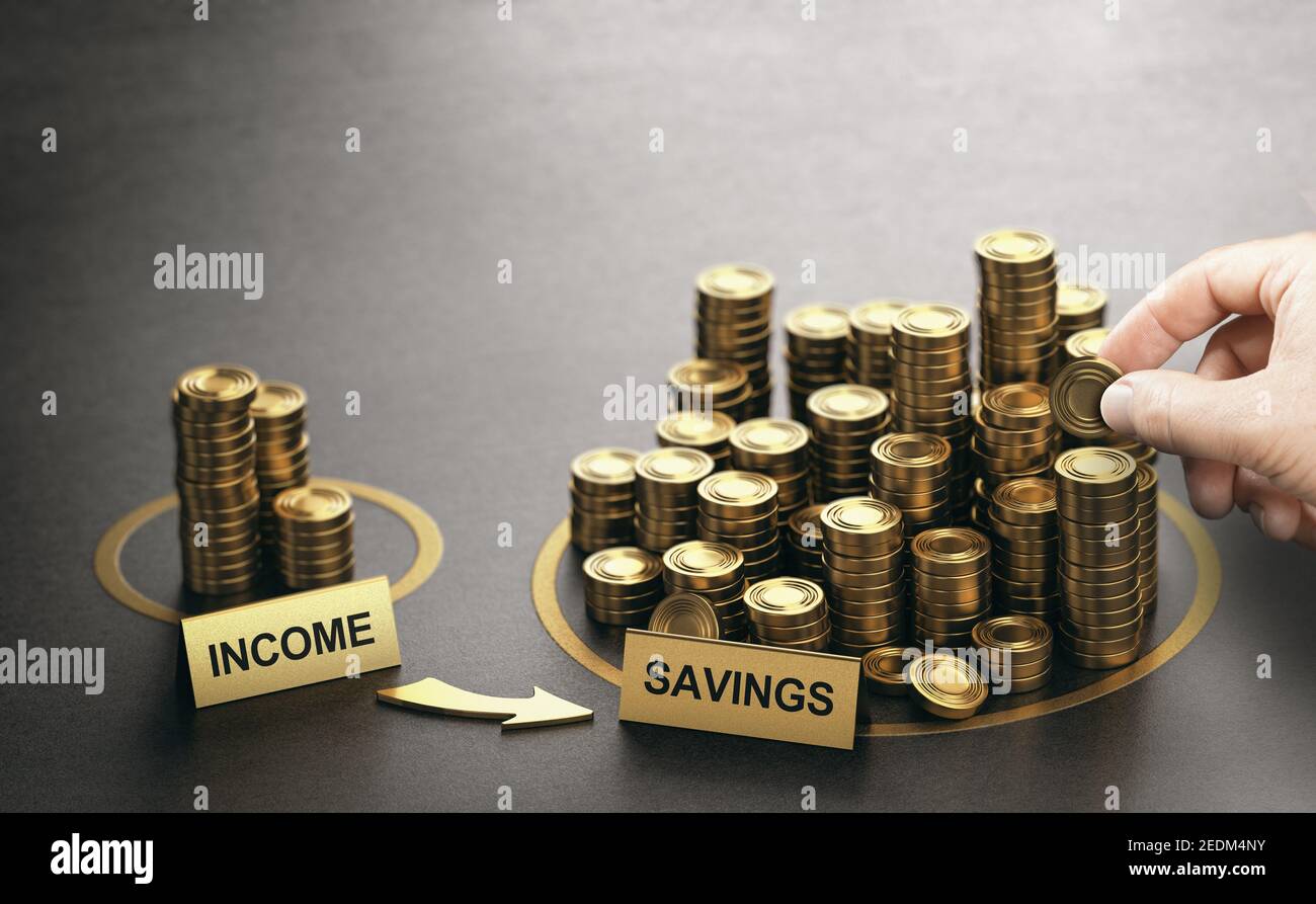 Uomo che risparmia i suoi soldi per il pensionamento o realizzazione di progetto. Immagine composita tra una fotografia a mano e uno sfondo 3D. Foto Stock