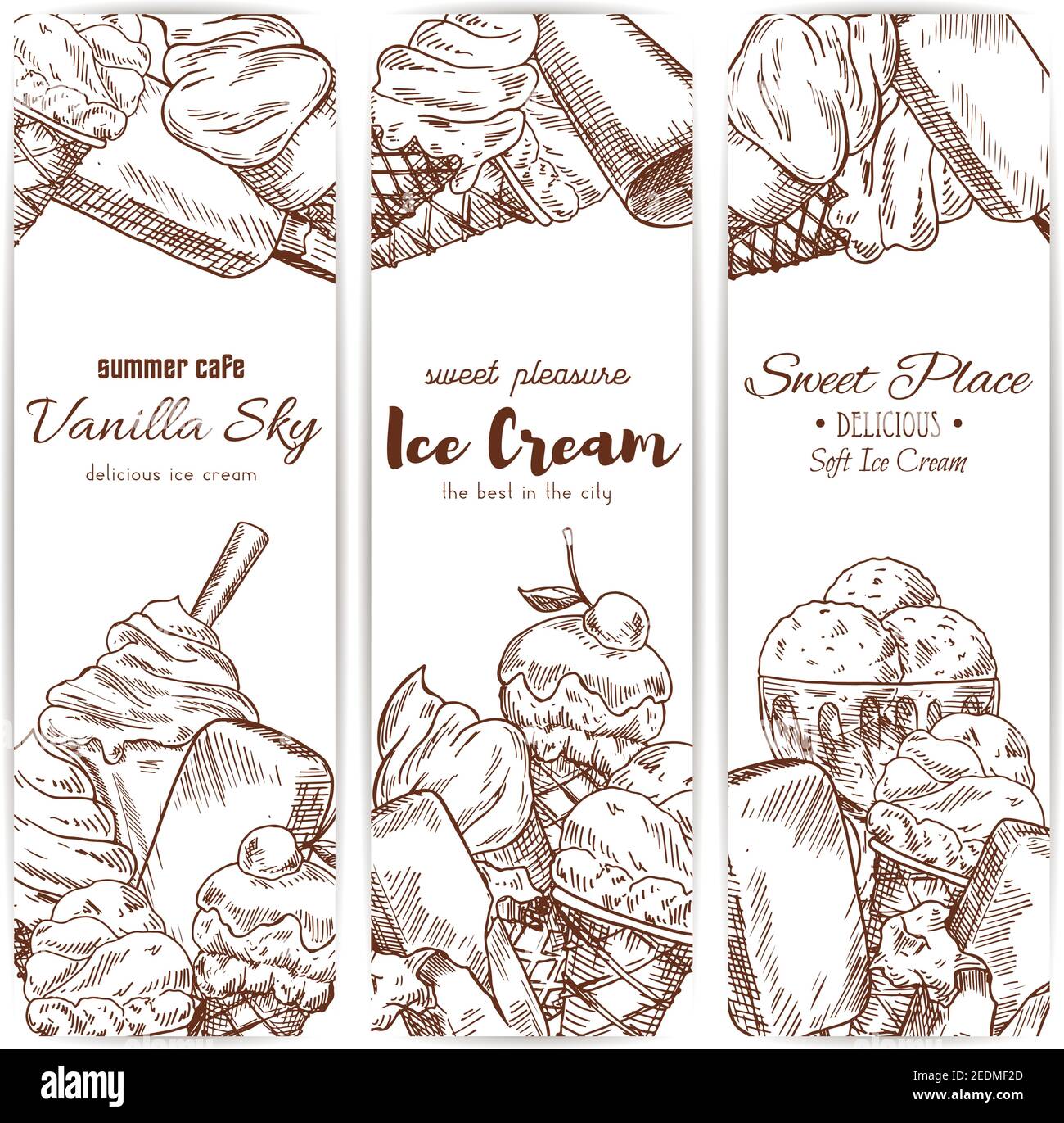 Striscioni per gelato per caffè, gelateria o ristorante. Vector dolci di gelato fruttato gelato morbido in cono di wafer, smalto eskimo smaltato Illustrazione Vettoriale