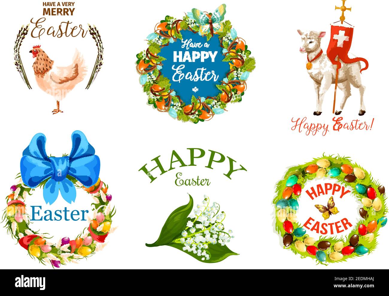 Set etichetta cartone animato Happy Easter Day. Decorato corona di uova di Pasqua con fiori di primavera, farfalle e fiocco di nastro, pollo, agnello di Dio con croce, lil Illustrazione Vettoriale