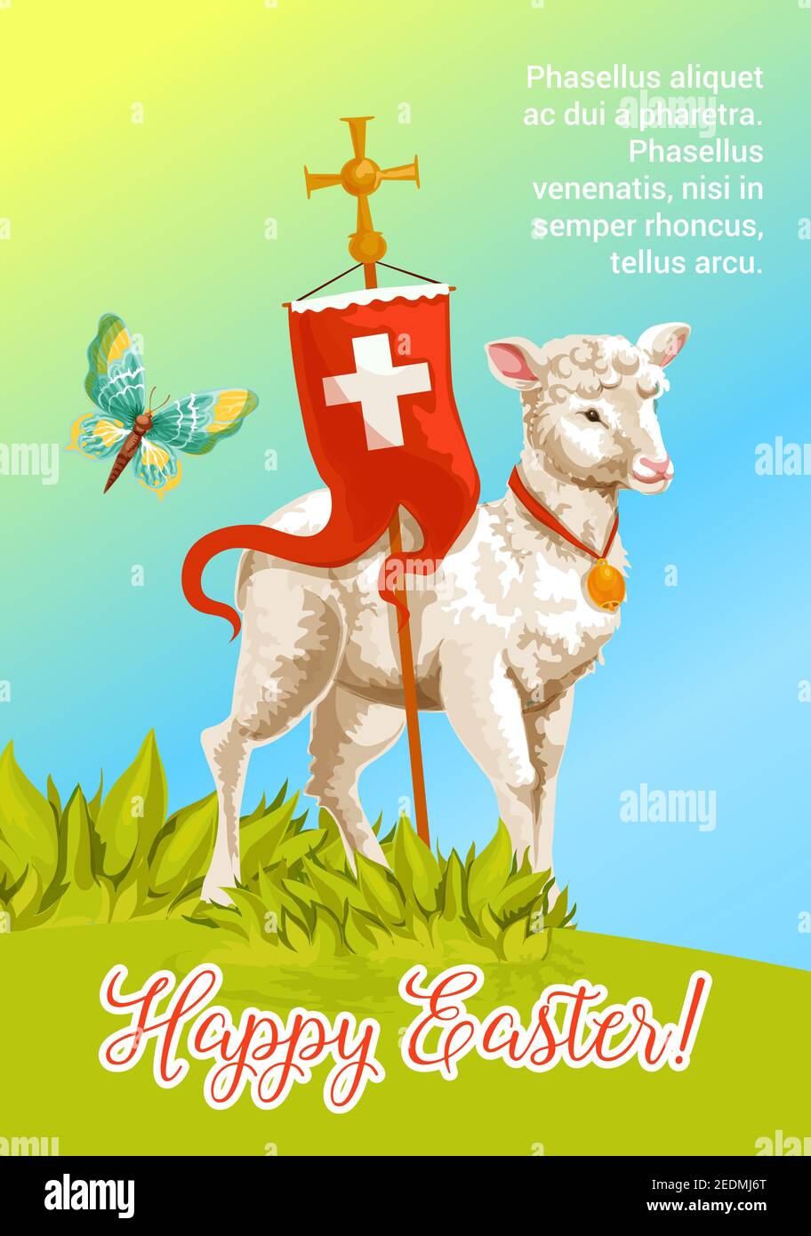 Biglietto d'auguri per l'agnello pasquale. Agnello bianco di Dio con croce e bandiera rossa si erge su prato soleggiato. Felice Pasqua festivo poster, gioiosa Primavera Illustrazione Vettoriale