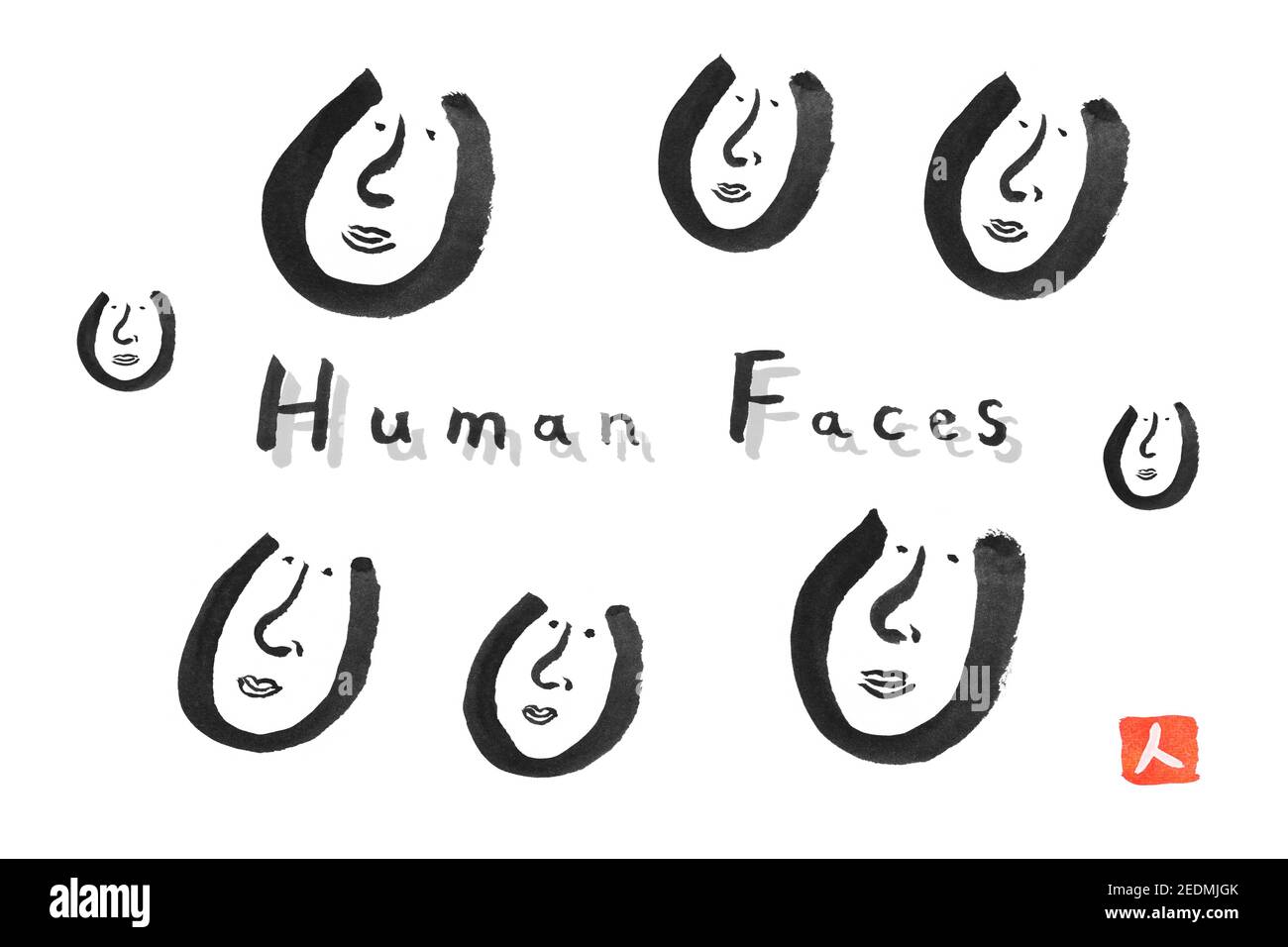 Set di icone del volto umano, inchiostro nero naturale line art, illustrazione, disegno sumi, parola giapponese di questa immagine significa 'umano' Foto Stock