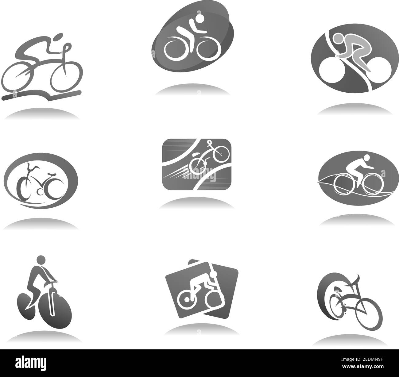 Set di icone per lo sport e la bicicletta. Simboli ciclista e grigio per ciclismo su strada o su pista e design sportivo per mountain bike Illustrazione Vettoriale