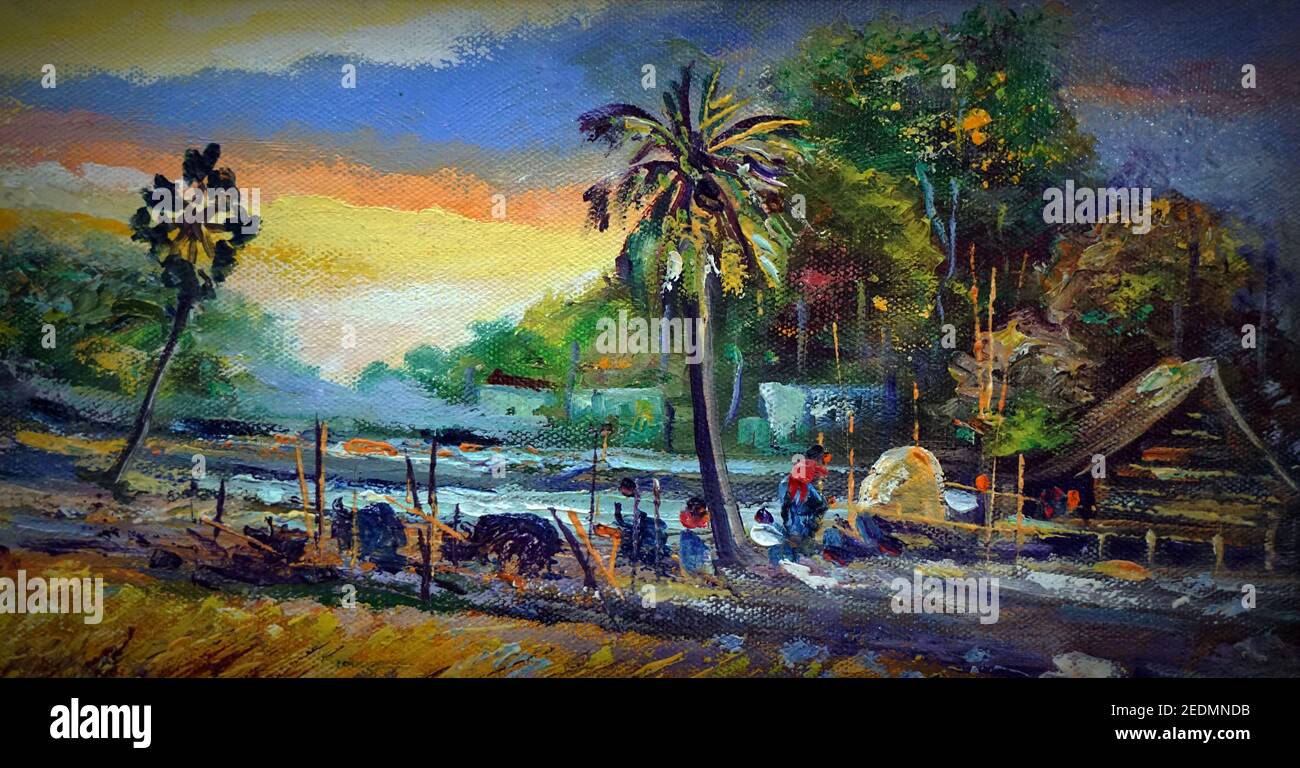 arte pittura ad olio thailandia campagna montagna nord-est, vita rurale, thailandia rurale Foto Stock