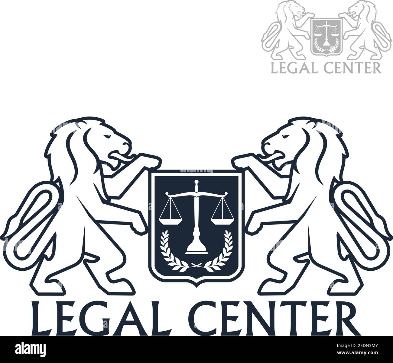Icona del vettore del centro legale di advocacy e di legge con leoni araldici che tengono lo scudo delle scale di giustizia e della corona di alloro. Firma per società giuridica o advoca Illustrazione Vettoriale