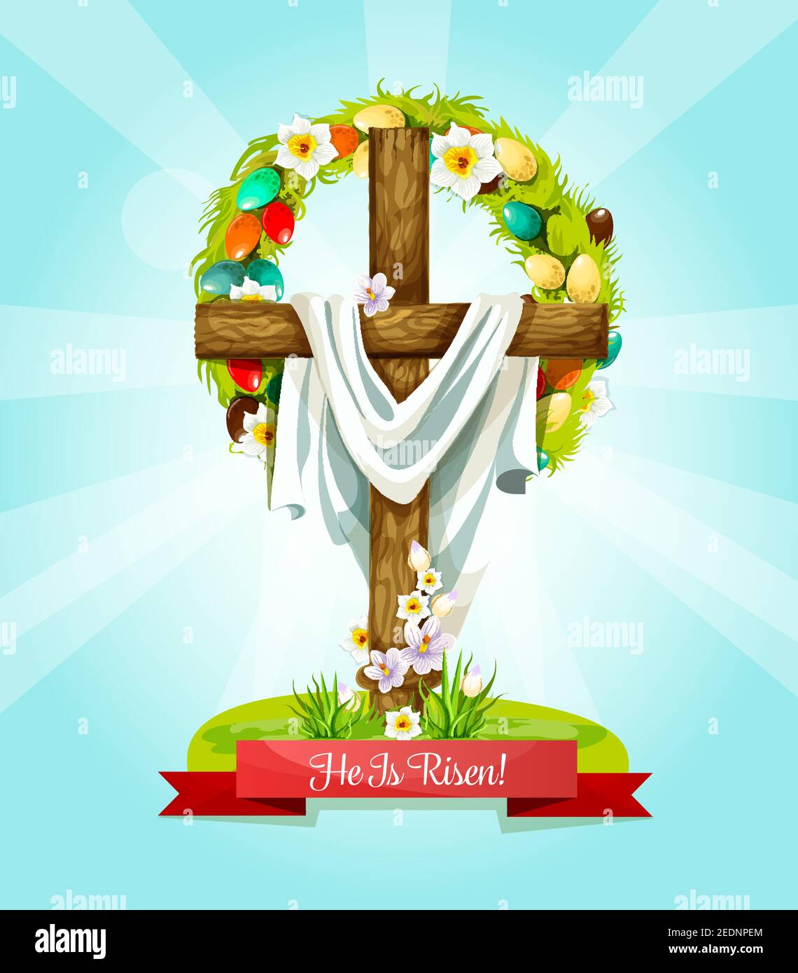 Pasqua Domenica Croce quaresimale, è risorto biglietto di saluto. Croce di legno con fiori di primavera fioriti e corona d'uovo di Pasqua con narciso e crocus flowe Illustrazione Vettoriale