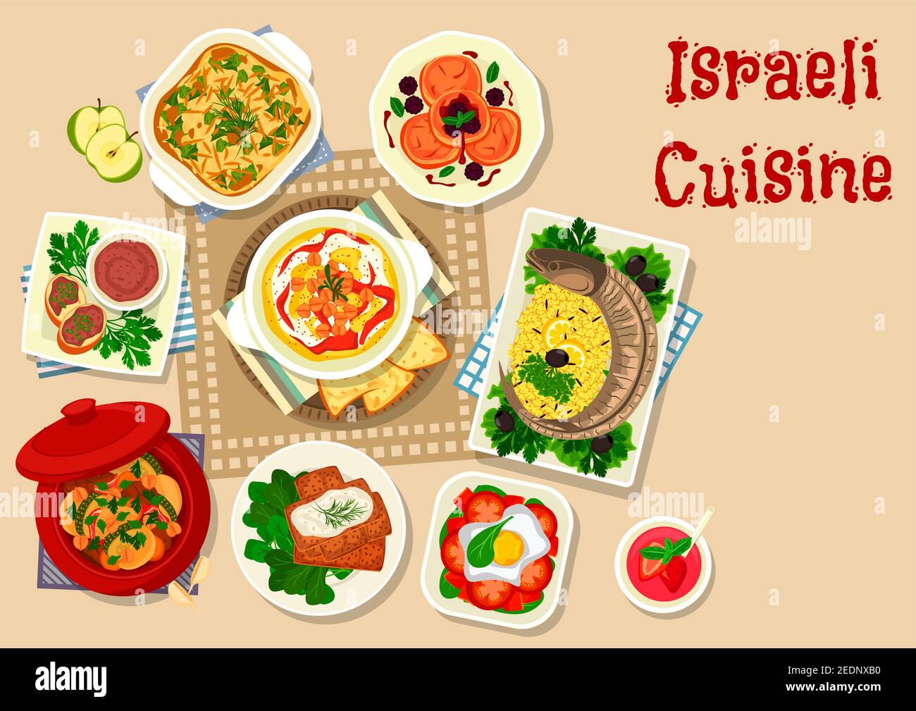 Icona di pesce ripieno della cucina israeliana servita con stufato di agnello vegetale, forshmak di aringhe su pane piatto, hummus di ceci, pate di fegato di manzo, uovo fritto con verdure Illustrazione Vettoriale