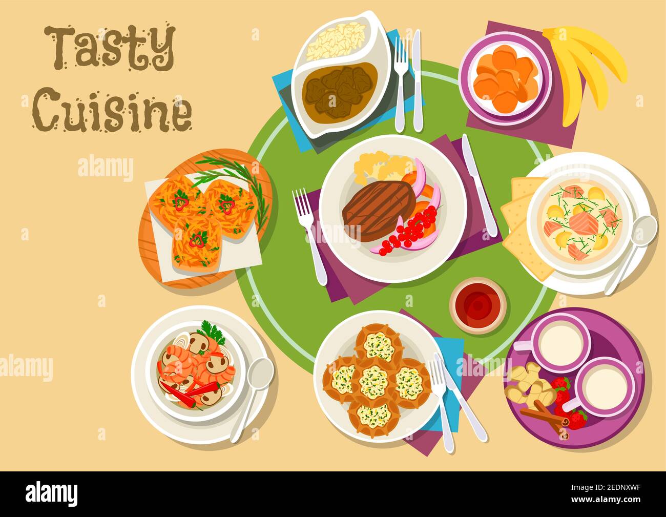 Piatti della cucina tailandese e finlandese icona con curry verde, banana fritta, zuppa di funghi di gamberi e sandwich di maiale, torta di riso, zuppa di crema di salmone, cervo in b Illustrazione Vettoriale