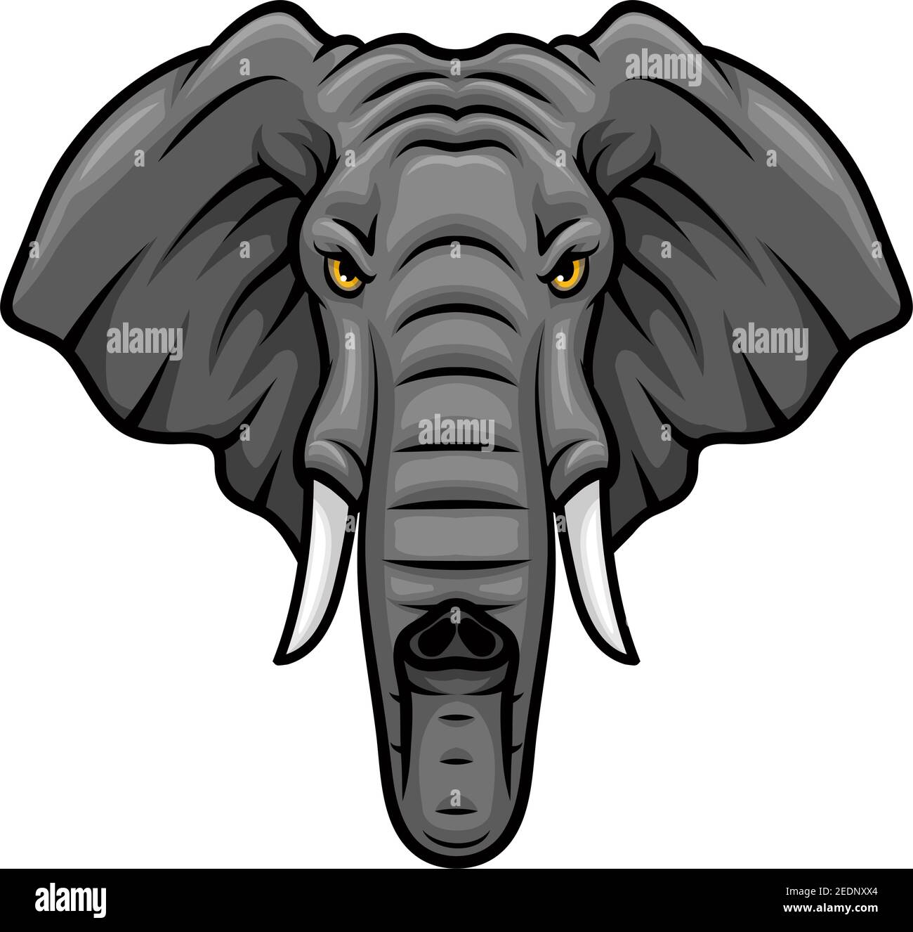 Icona della mascotte vettoriale dell'elefante. Testa di elefante africano o indiano o animale di mammut con zanne e tronco. Emblema isolato design per la squadra sportiva, safari Illustrazione Vettoriale