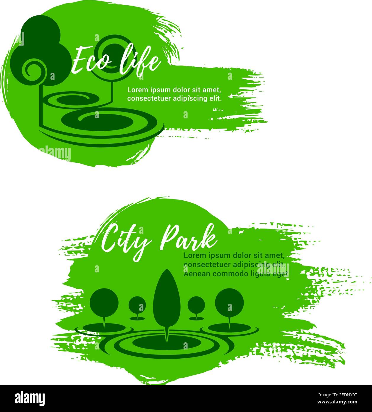 Eco parco e verde città vita vettore icone di urbano all'aperto o eco villaggio con alberi forestali e piante per orticoltura paesaggio design, envi ecologia Illustrazione Vettoriale