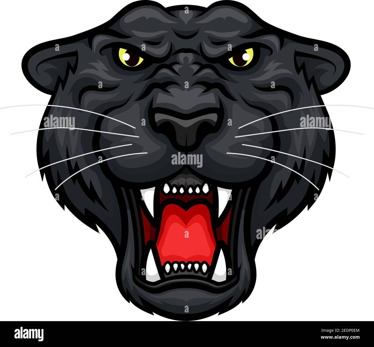 Pantera nera mascotte vettoriale. giaguaro o leopardo grande muso selvatico di gatto con la mascella dei canini affilati e gli occhi gialli. Emblema isolato per lo sport Illustrazione Vettoriale