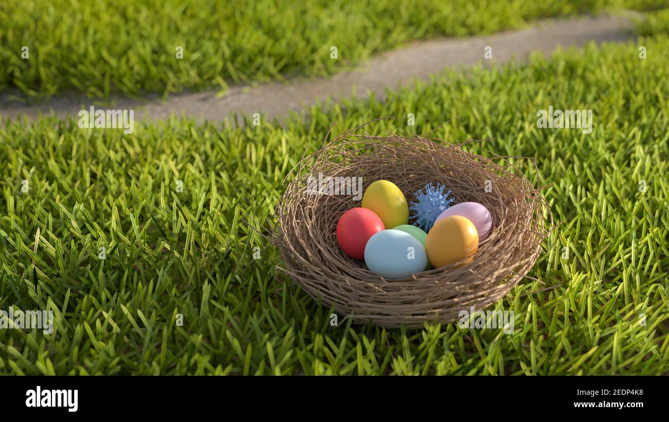 Concetto di Pasqua e Coronavirus: Un nido pasquale con uova di pasqua colorate e un modello di virus corona. Rimani al sicuro a pasqua. Foto Stock