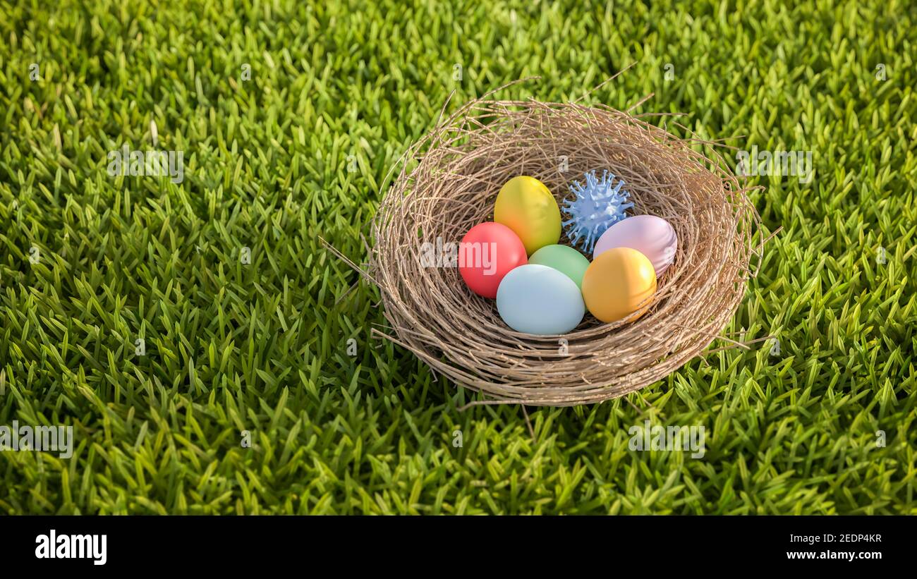Concetto di Pasqua e Coronavirus: Un nido pasquale con uova di pasqua colorate e un modello di virus corona su un prato. Rimani al sicuro a pasqua. Foto Stock