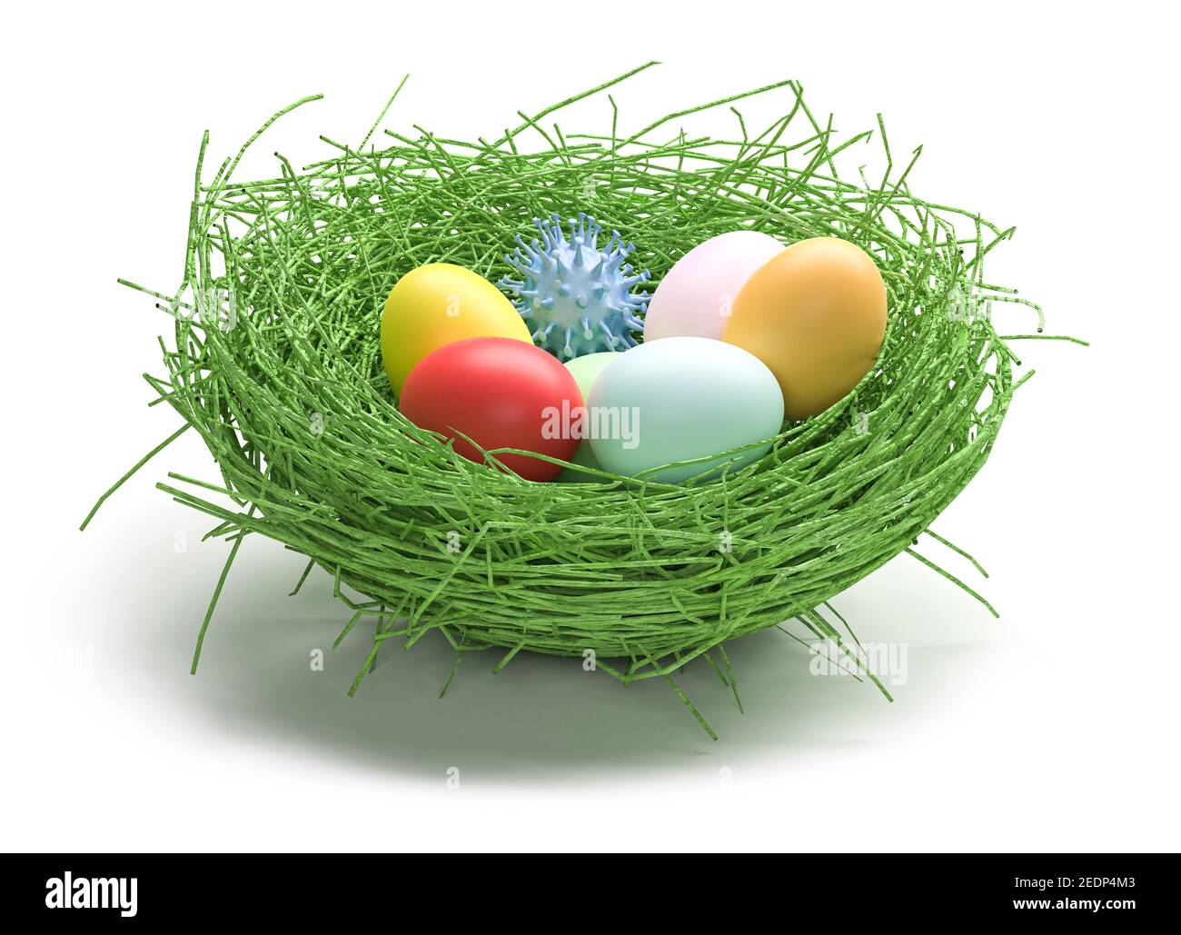 Concetto di Pasqua e Coronavirus: Un nido pasquale con uova di pasqua colorate e un modello di virus corona. Isolato su bianco. Rimani al sicuro a pasqua. Foto Stock