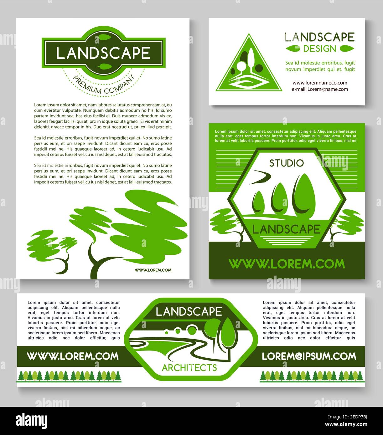 Set di modelli di banner aziendali per il design paesaggistico. Landscape architetto business card, paesaggistico e giardinaggio design studio flyer con giardino e parco l Illustrazione Vettoriale